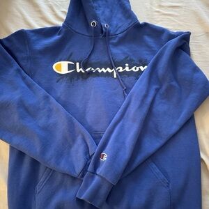 Men’s Champion Powerblend Script Logo Royal Blue Pullover Hoodie Size Small